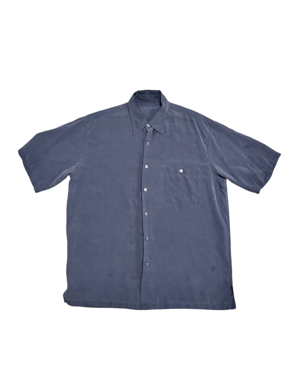 Tori Richard 100% Silk Short Sleeve Hawaiian Camp Shirt Slate Blue Palm Tree L